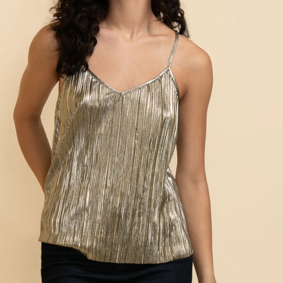 Gold Plisse Strappy V-Neck Tank Glittering Crepe Party Top SZ Medium NEW! - Picture 2 of 15